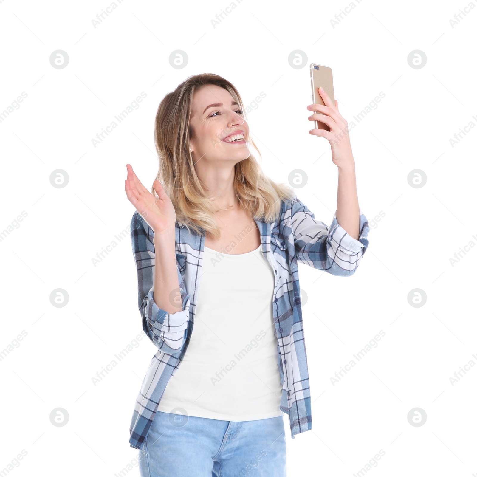 Photo of Woman using mobile phone for video chat isolated on white