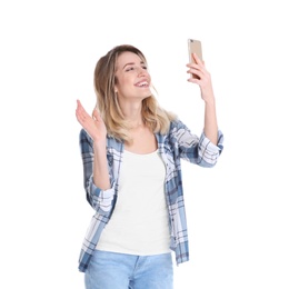 Photo of Woman using mobile phone for video chat isolated on white