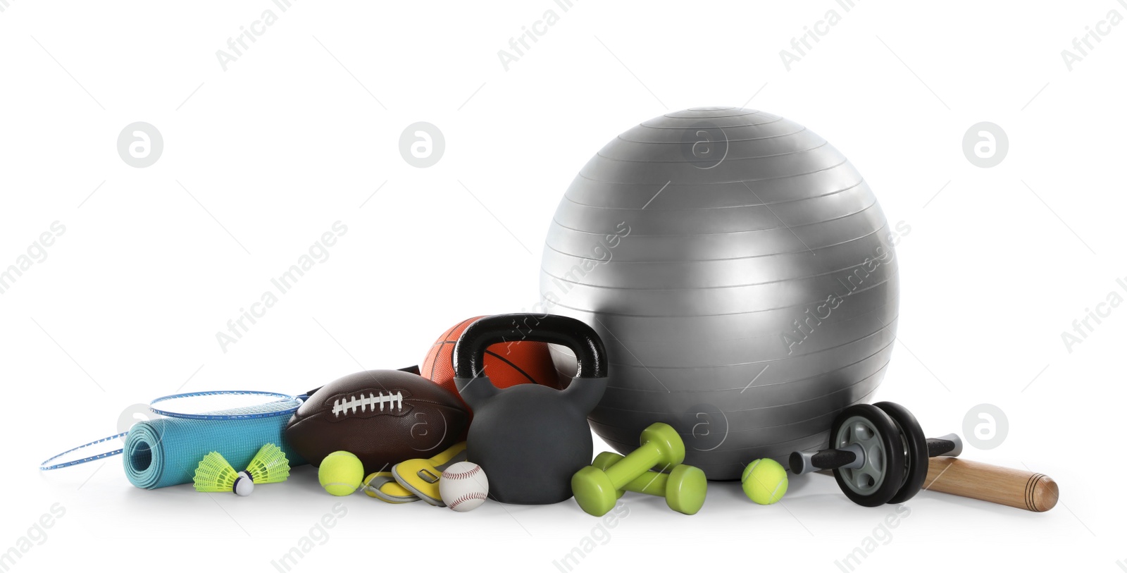 Photo of Set of different sports equipment on white background