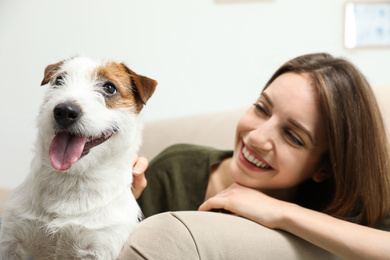 Young woman with her cute Jack Russell Terrier on sofa at home. Lovely pet