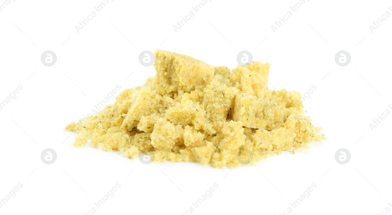 Photo of Aromatic crumbled bouillon cube on white background