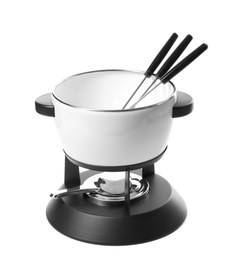 Photo of Modern fondue set on white background. Kitchen equipment