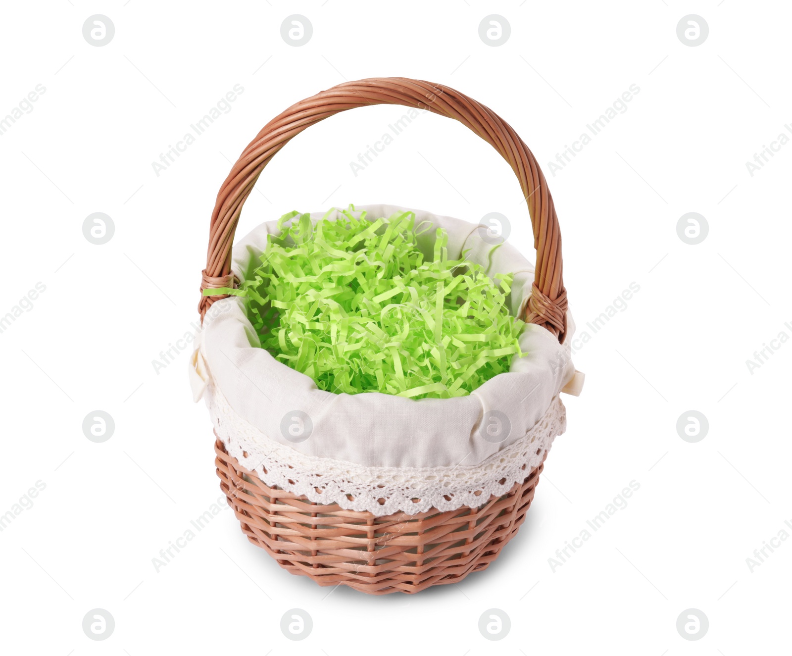 Photo of Easter wicker basket with decorated grass isolated on white