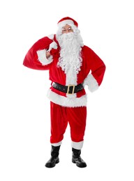 Photo of Man in Santa Claus costume with bag posing on white background