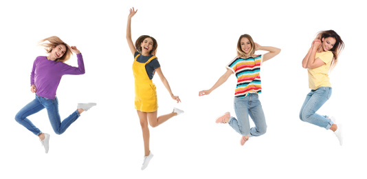 Image of Collage of emotional young women wearing fashion clothes jumping on white background. Banner design