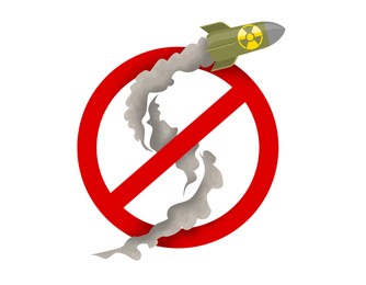Illustration of Prevent nuclear war. Prohibition sign over flying atomic weapon on white background, illustration