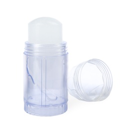 Natural crystal alum deodorant and cap on white background