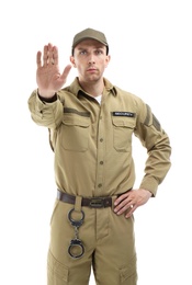 Photo of Male security guard in uniform on white background