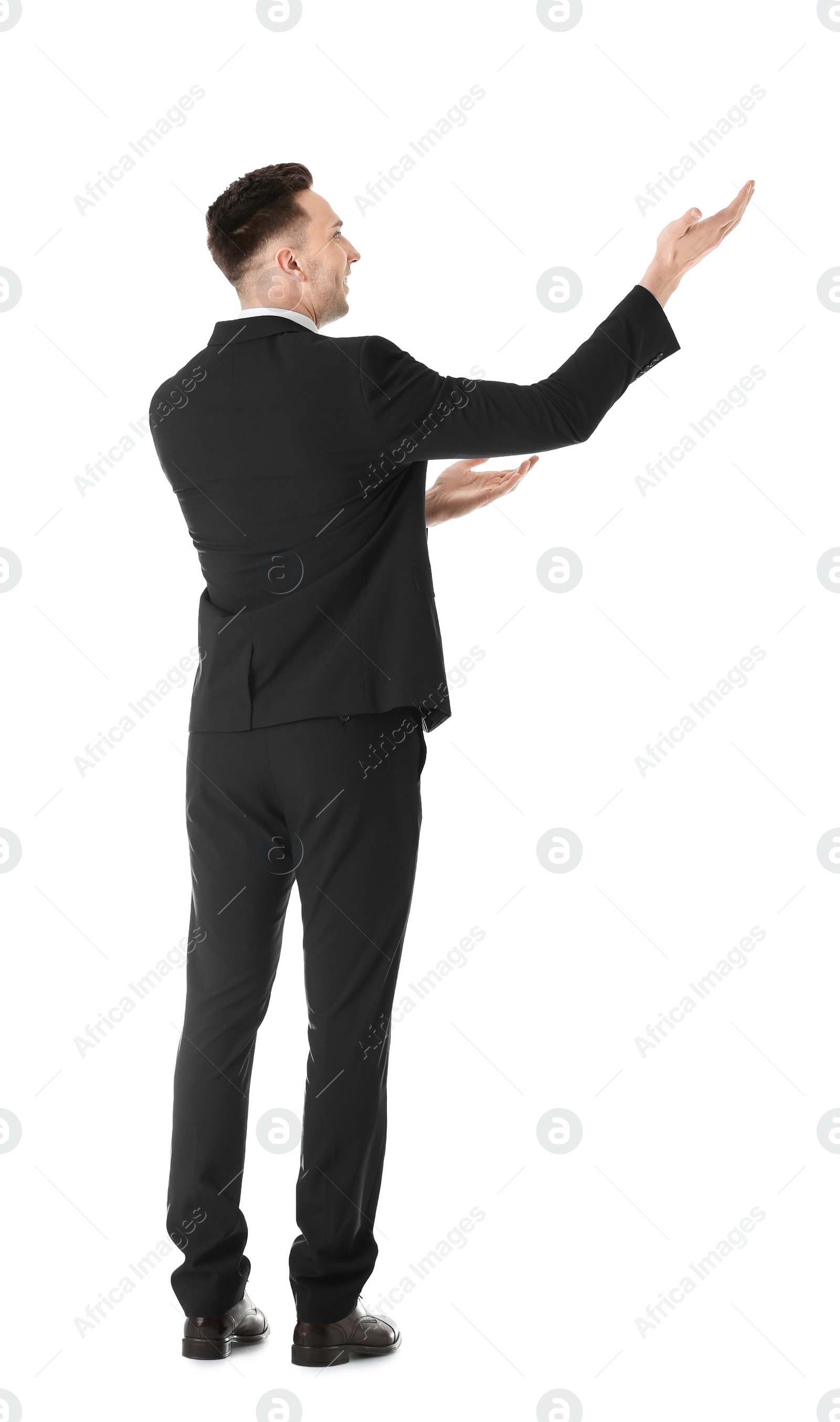 Photo of Young business trainer on white background