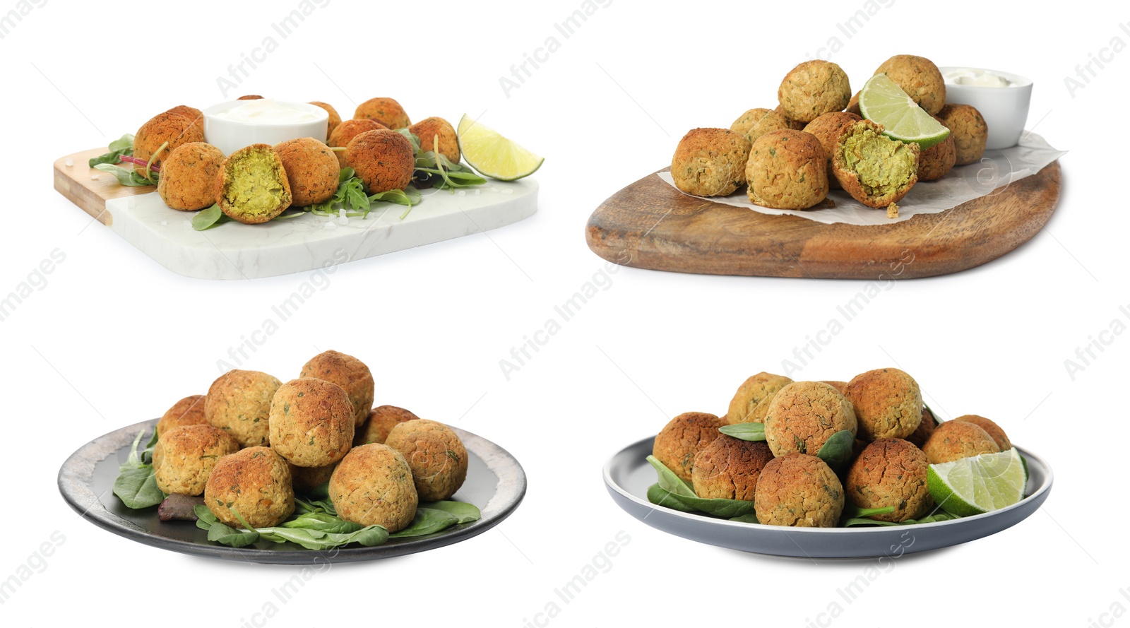 Image of Set with delicious deep fried falafel balls on white background 