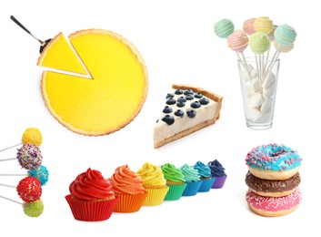 Image of Set with different tasty desserts on white background