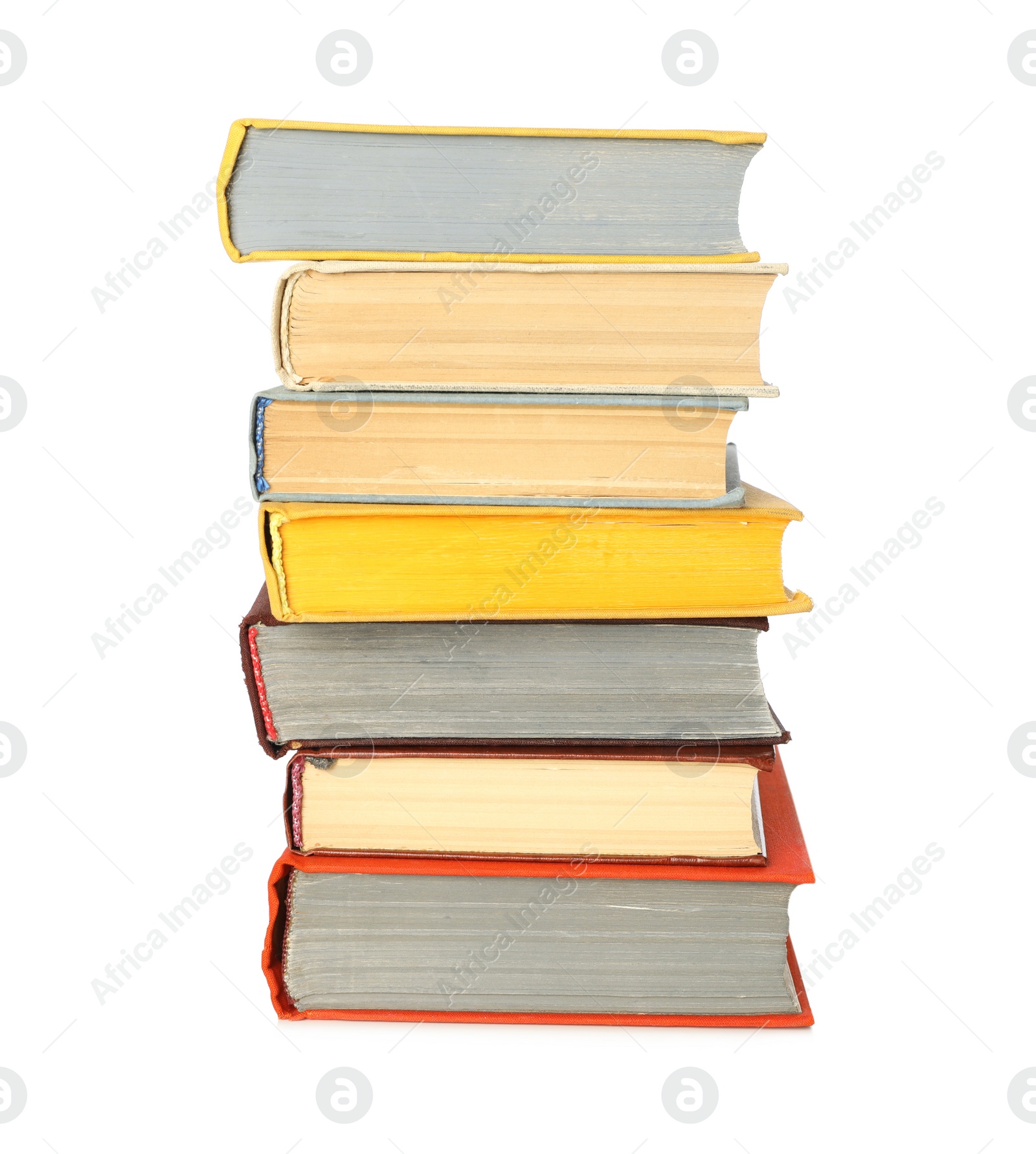 Photo of Stack of library books on white background