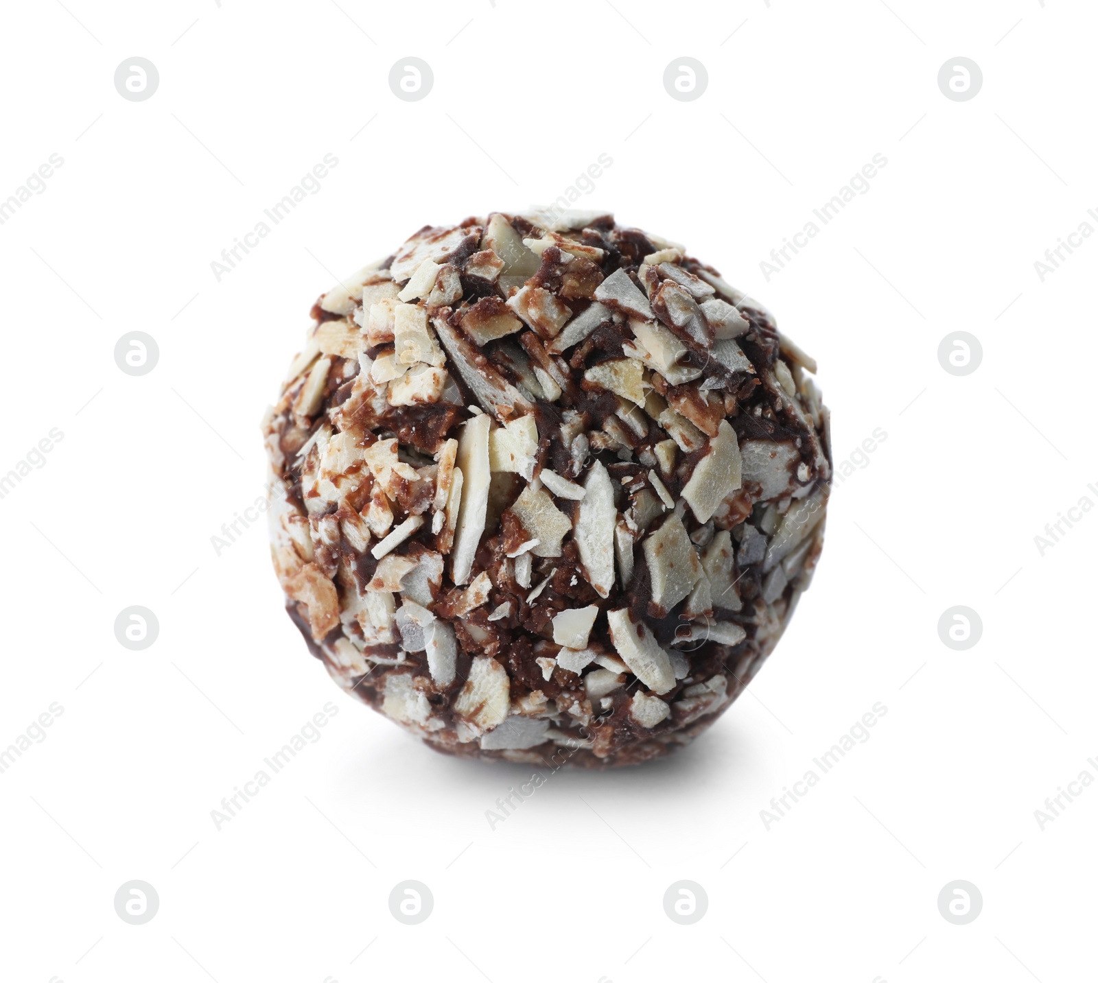 Photo of Delicious chocolate candy with almond flakes isolated on white