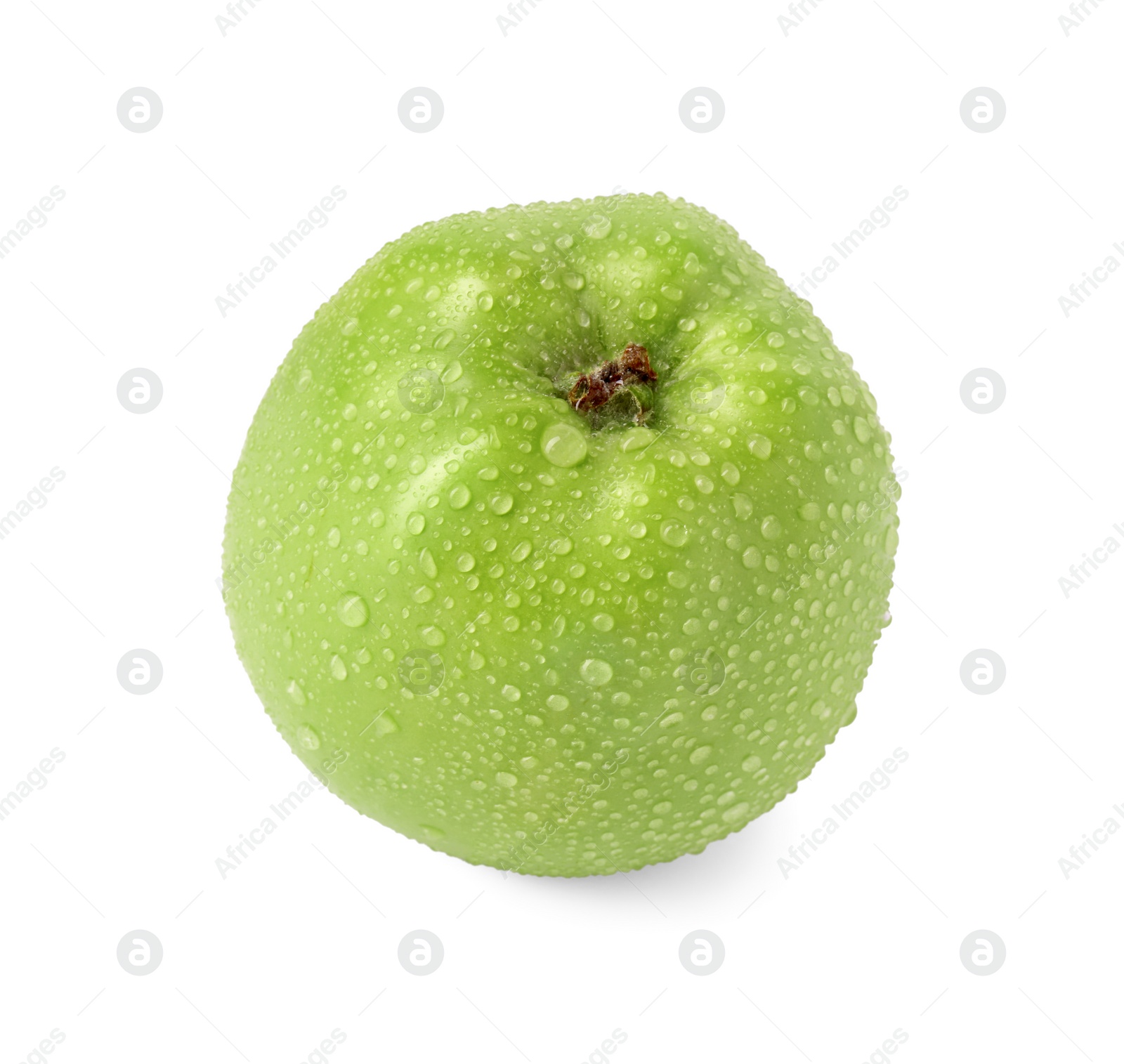 Photo of One ripe green apple with water drops isolated on white