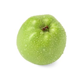 One ripe green apple with water drops isolated on white