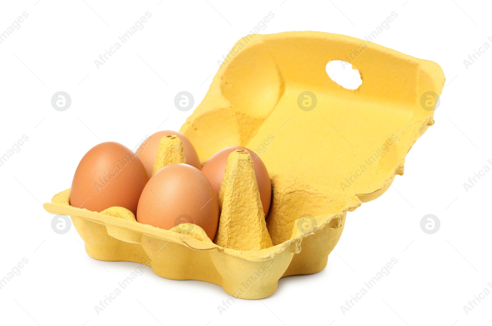 Photo of Chicken eggs in carton isolated on white