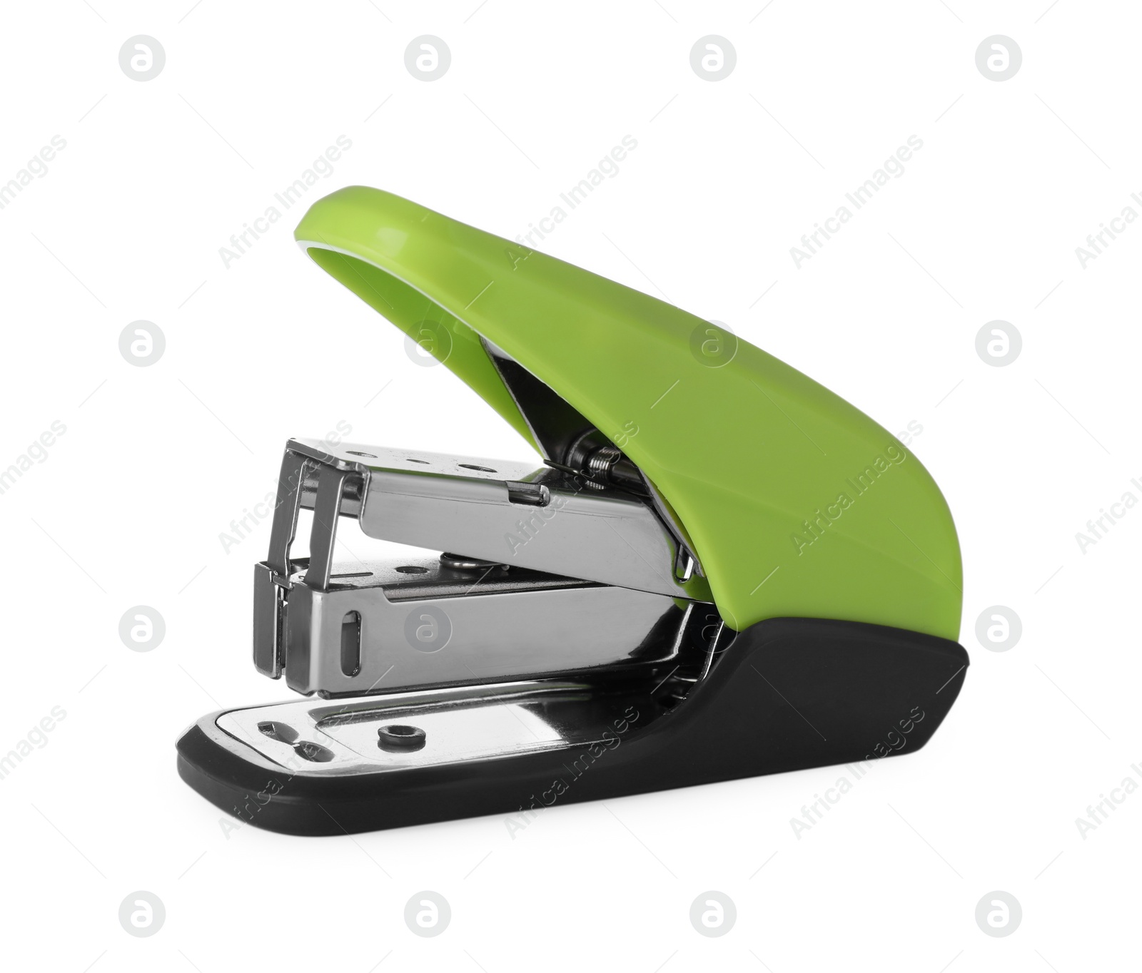 Photo of New bright green stapler isolated on white