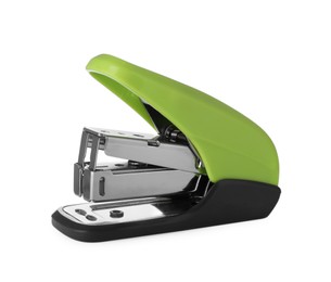 Photo of New bright green stapler isolated on white