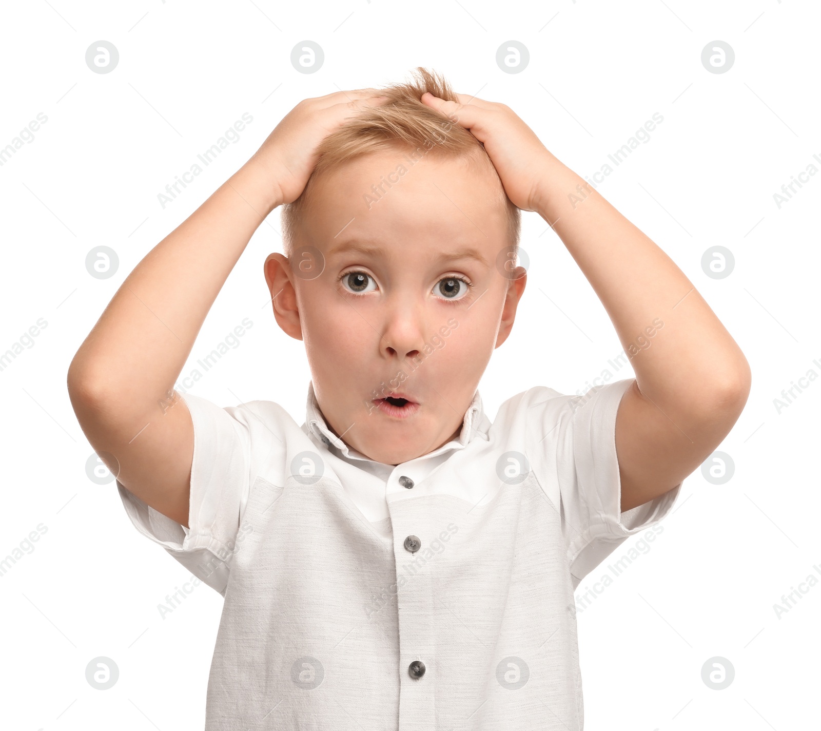 Photo of Portrait of cute little boy on white background