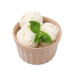 Delicious vanilla ice cream and mint leaves in bowl isolated on white