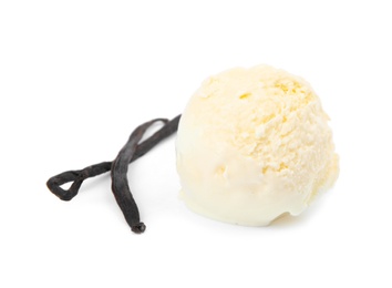 Photo of Delicious ice cream with vanilla pods on white background