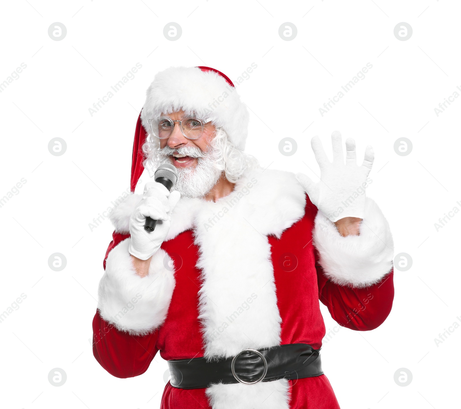 Photo of Santa Claus singing into microphone on white background. Christmas music