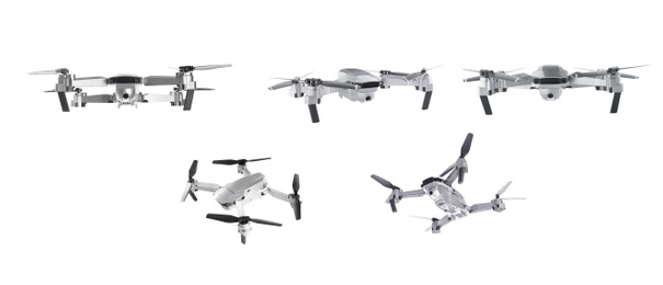 Modern drone on white background, views from different sides. Banner design