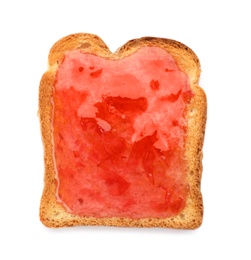 Photo of Toast with jam on white background, top view