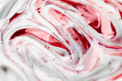 Photo of Tasty yoghurt with jam as background, closeup