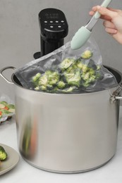 Woman putting vacuum packed broccoli into pot with sous vide cooker, closeup. Thermal immersion circulator