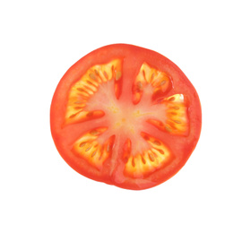 Slice of tasty raw tomato isolated on white