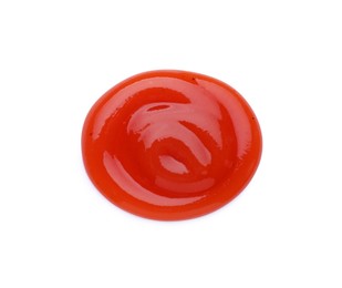 Photo of Tasty ketchup isolated on white, top view. Tomato sauce