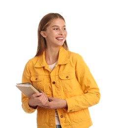 Teenage student holding books on white background