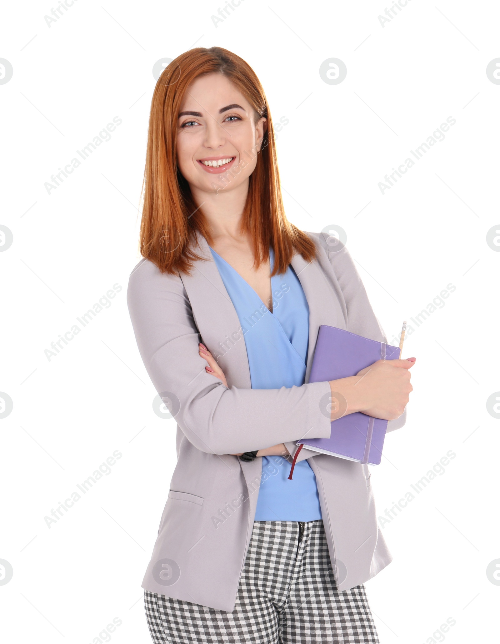 Photo of Beautiful young teacher with notebook on white background