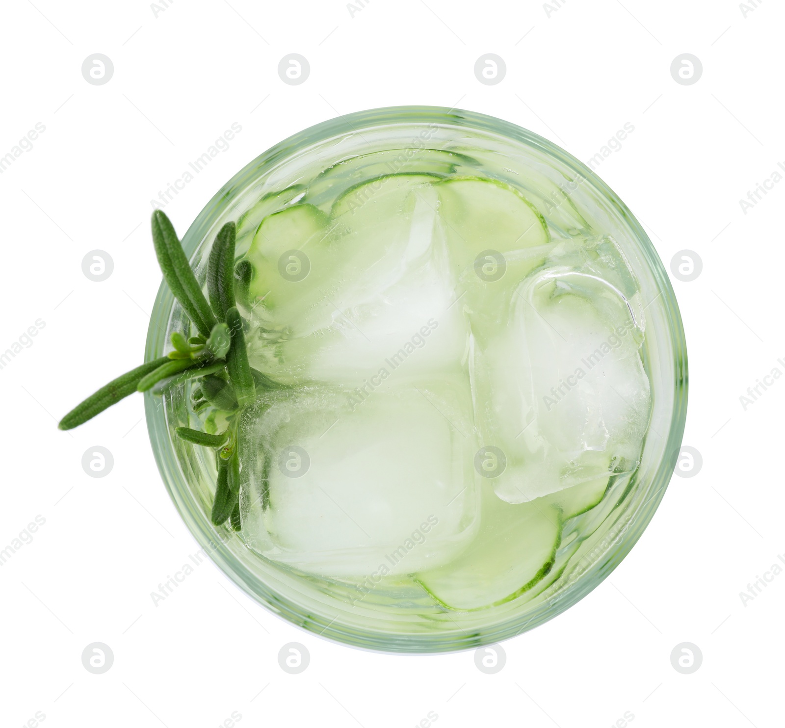 Photo of Glass of refreshing cucumber lemonade and rosemary on white background, top view. Summer drink