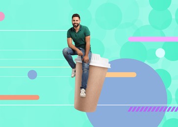 Image of Coffee to go. Smiling man sitting on takeaway paper cup on turquoise background, stylish artwork
