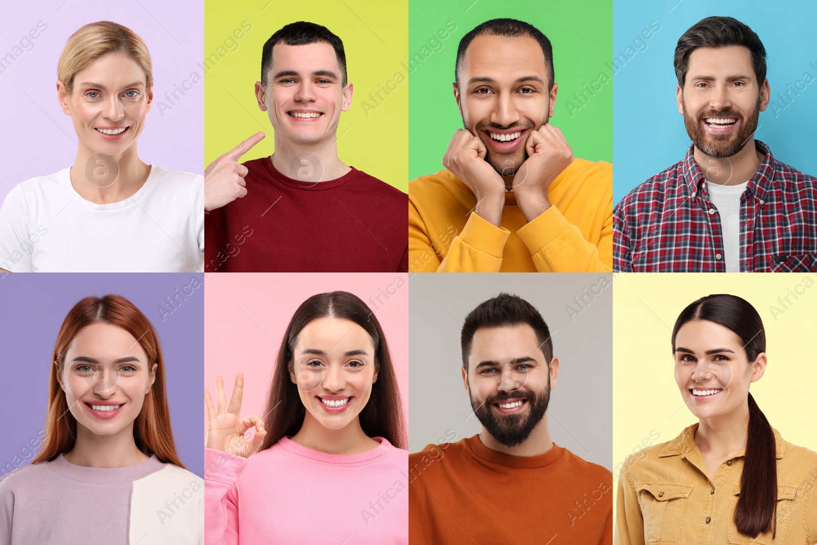 Image of People with showing white teeth on different color backgrounds, collage of photos