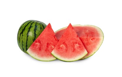 Photo of Delicious cut and whole ripe watermelons isolated on white