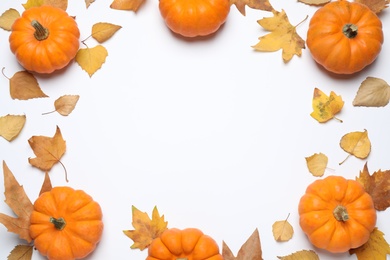Photo of Frame made of pumpkins and autumn leaves on white background, top view. Space for text