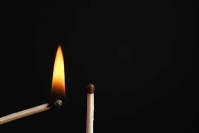 Photo of Lit and whole matches on black background, closeup. Space for text