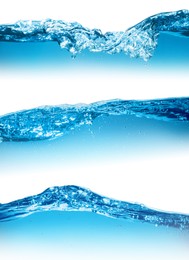 Image of Collage with different beautiful water waves on white background