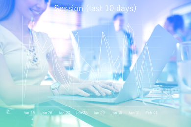 Image of Forex trading. Woman working with laptop at table and chart, closeup