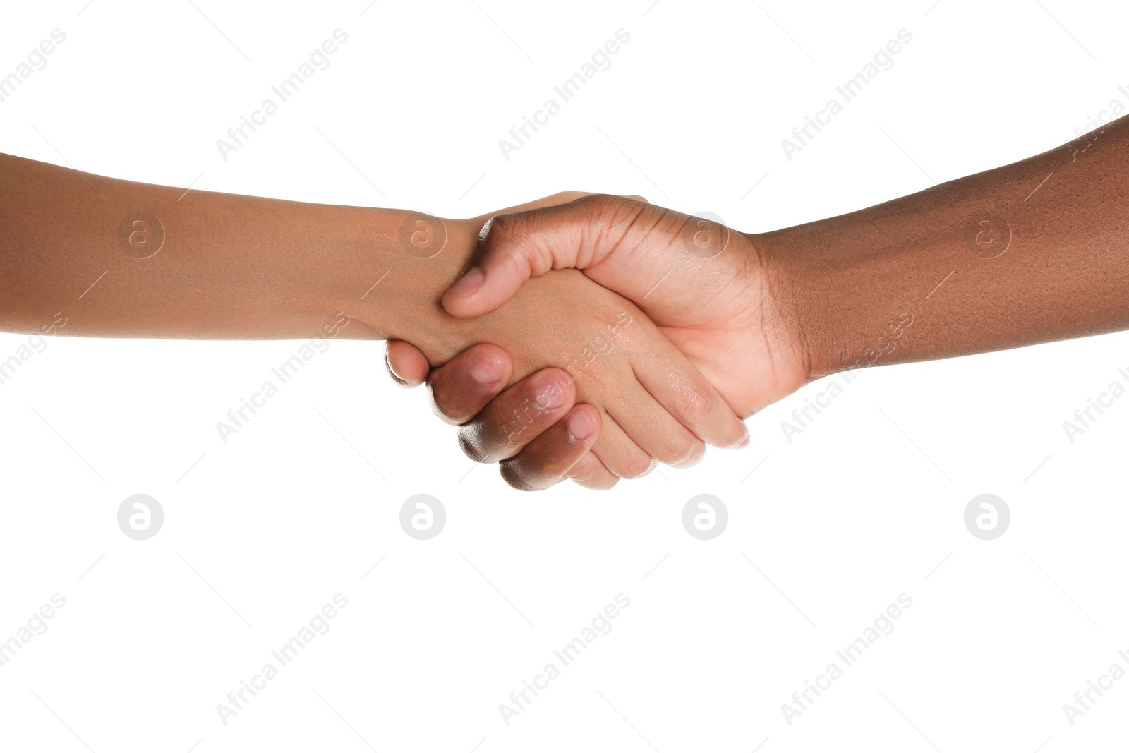 Photo of Woman and African American man shaking hands on white background, closeup