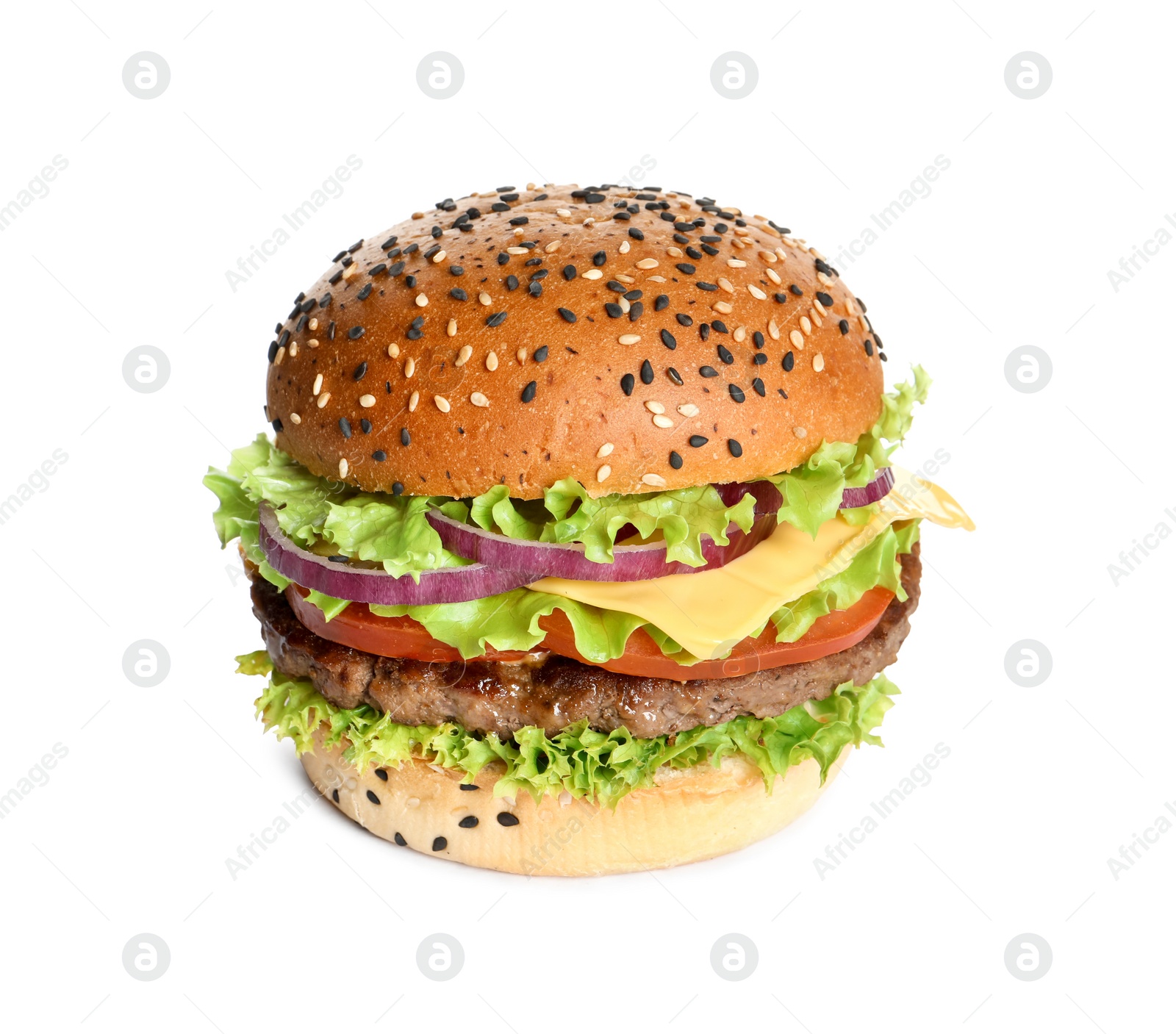Burger with delicious patty isolated on white Photo of Burger with delicious patty isolated on white