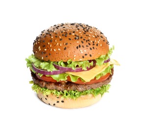 Photo of Burger with delicious patty isolated on white