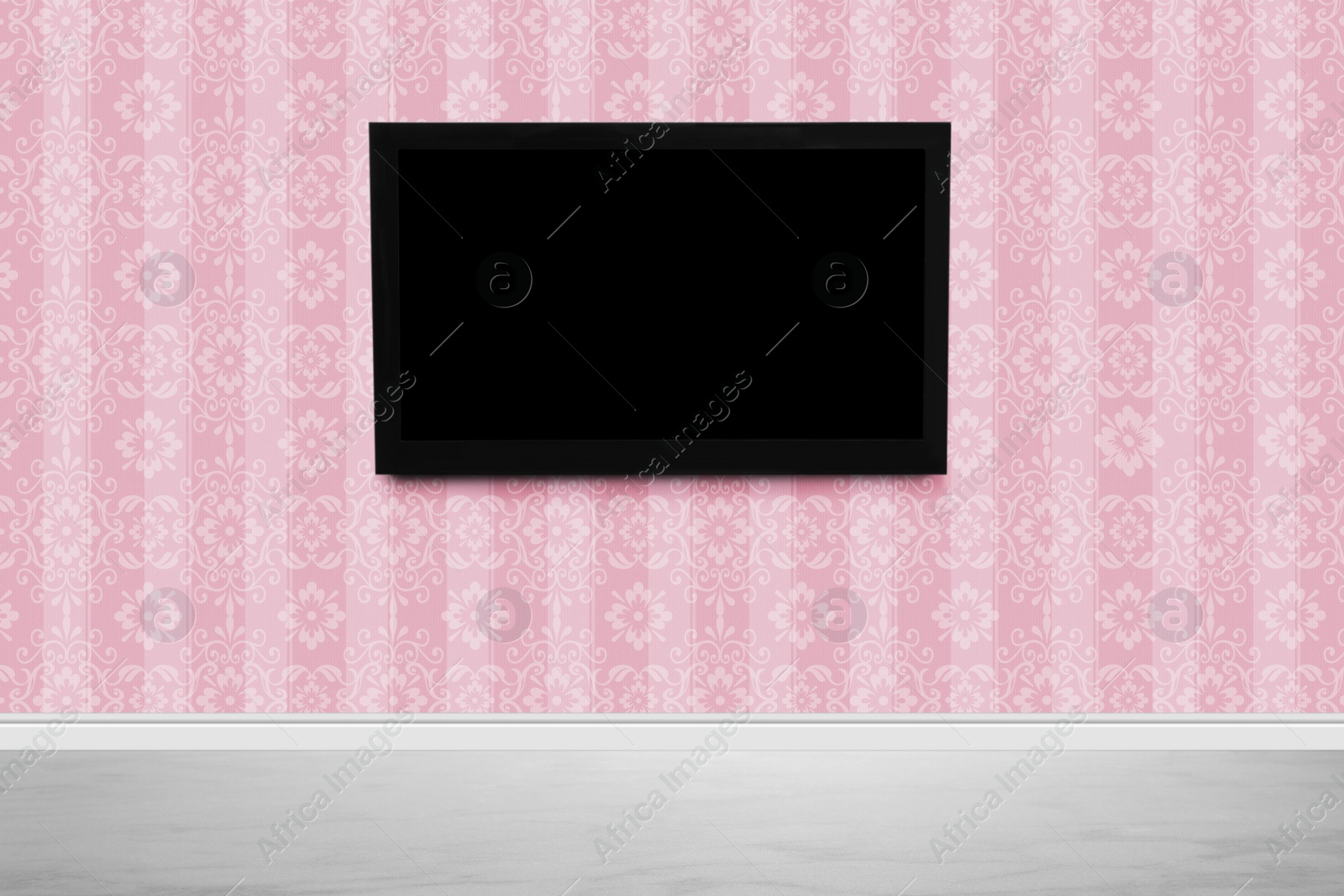 Image of Modern TV on pink wall in room. Space for design