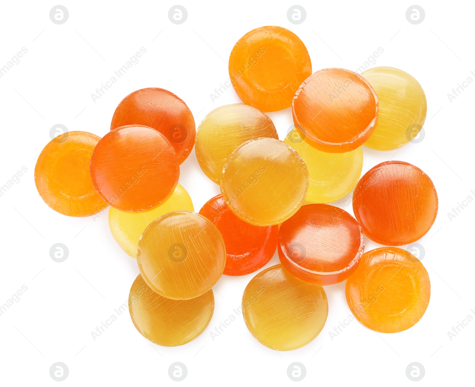 Photo of Many different color cough drops on white background, top view