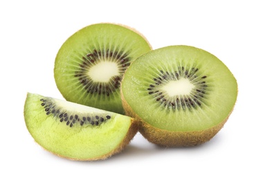 Photo of Pieces of fresh kiwis on white background