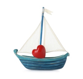 Photo of Toy boat with red heart on white background