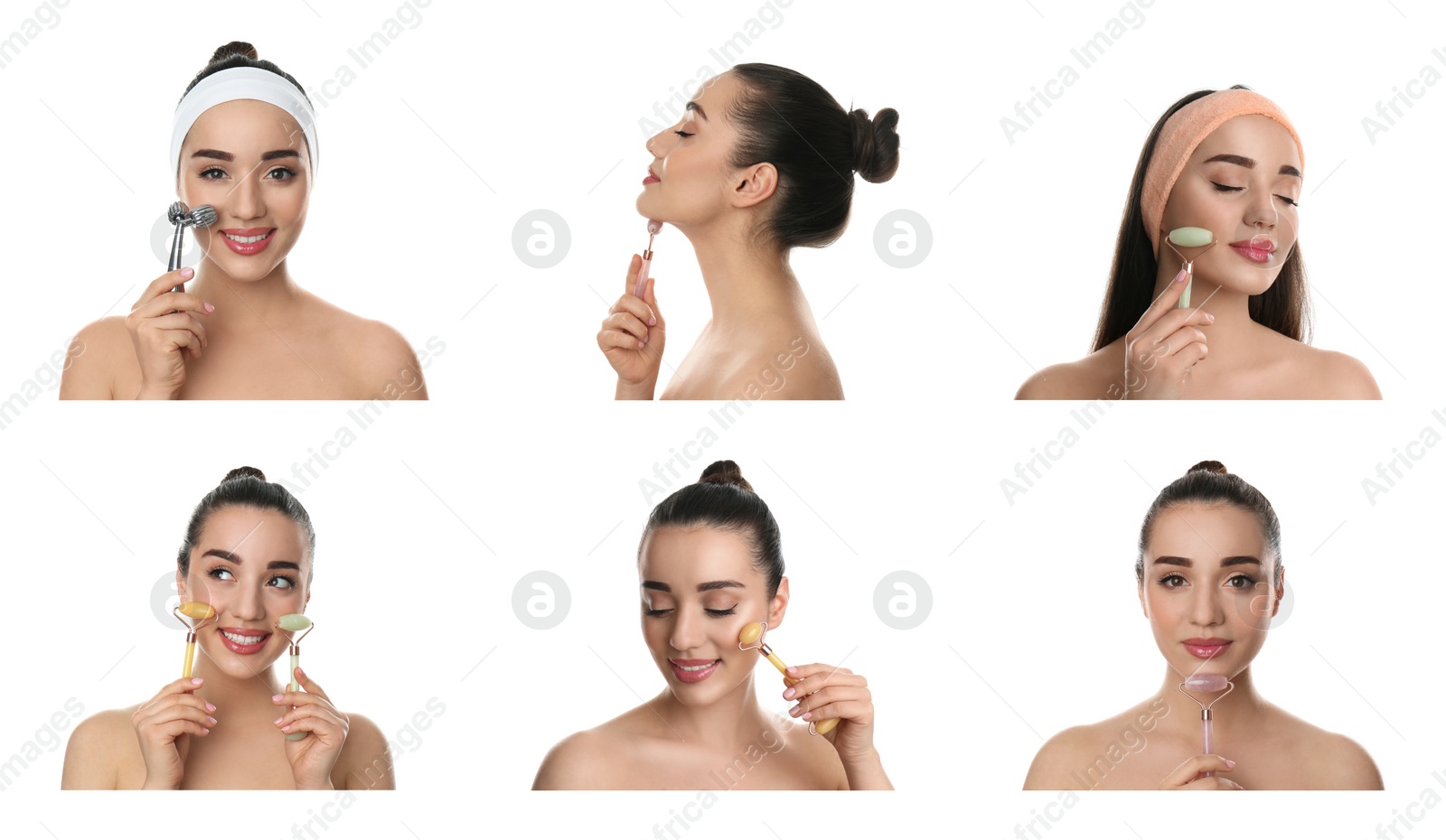 Image of Young woman using face roller on white background, collage